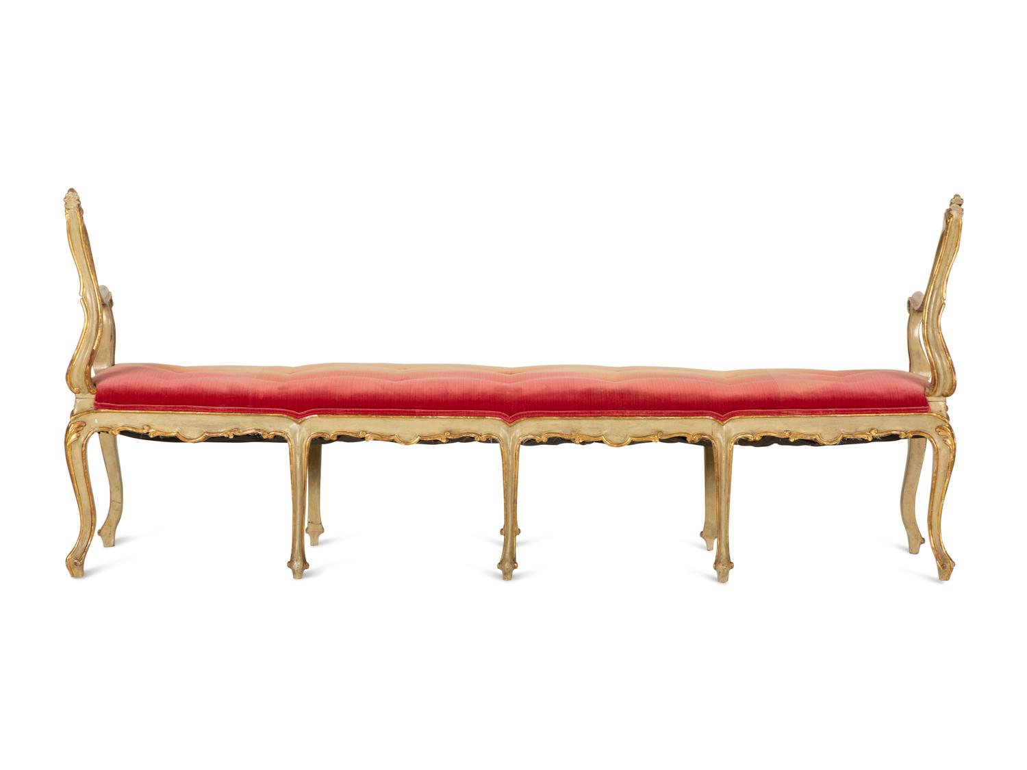 A Louis XV Style Painted and Parcel Gilt Hall Bench