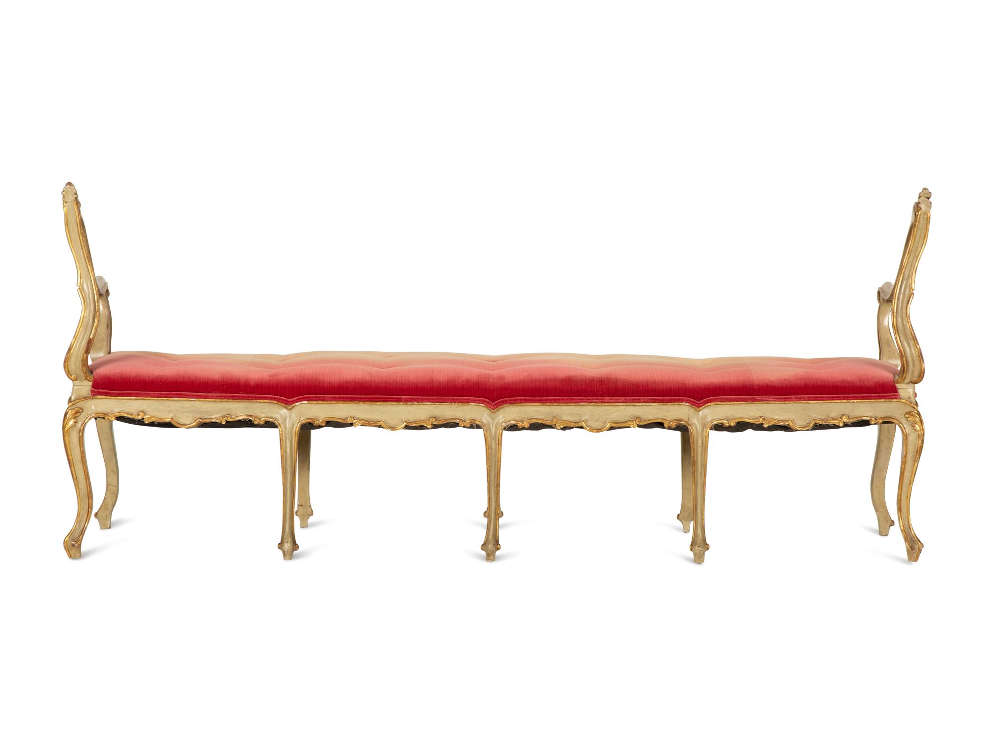A Louis XV Style Painted and Parcel Gilt Hall Bench