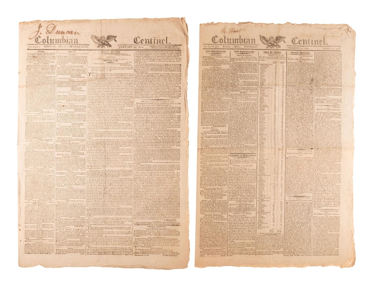 [WAR OF 1812]. A group of 7 newspapers printed before and during the War of 1812-period, incl. reports on the military, politics, and advertisements for enslaved African Americans.