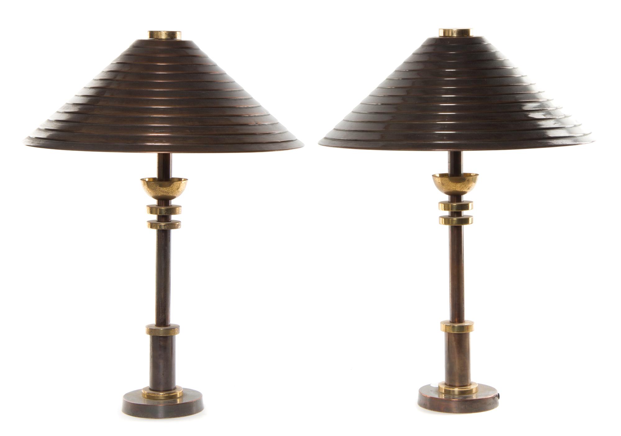 A Pair of Modernist Brass Table Lamps Height 21 inches.