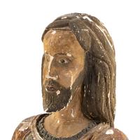 A Spanish Carved Wood and Polychrome Decorated Reliquary Bust
