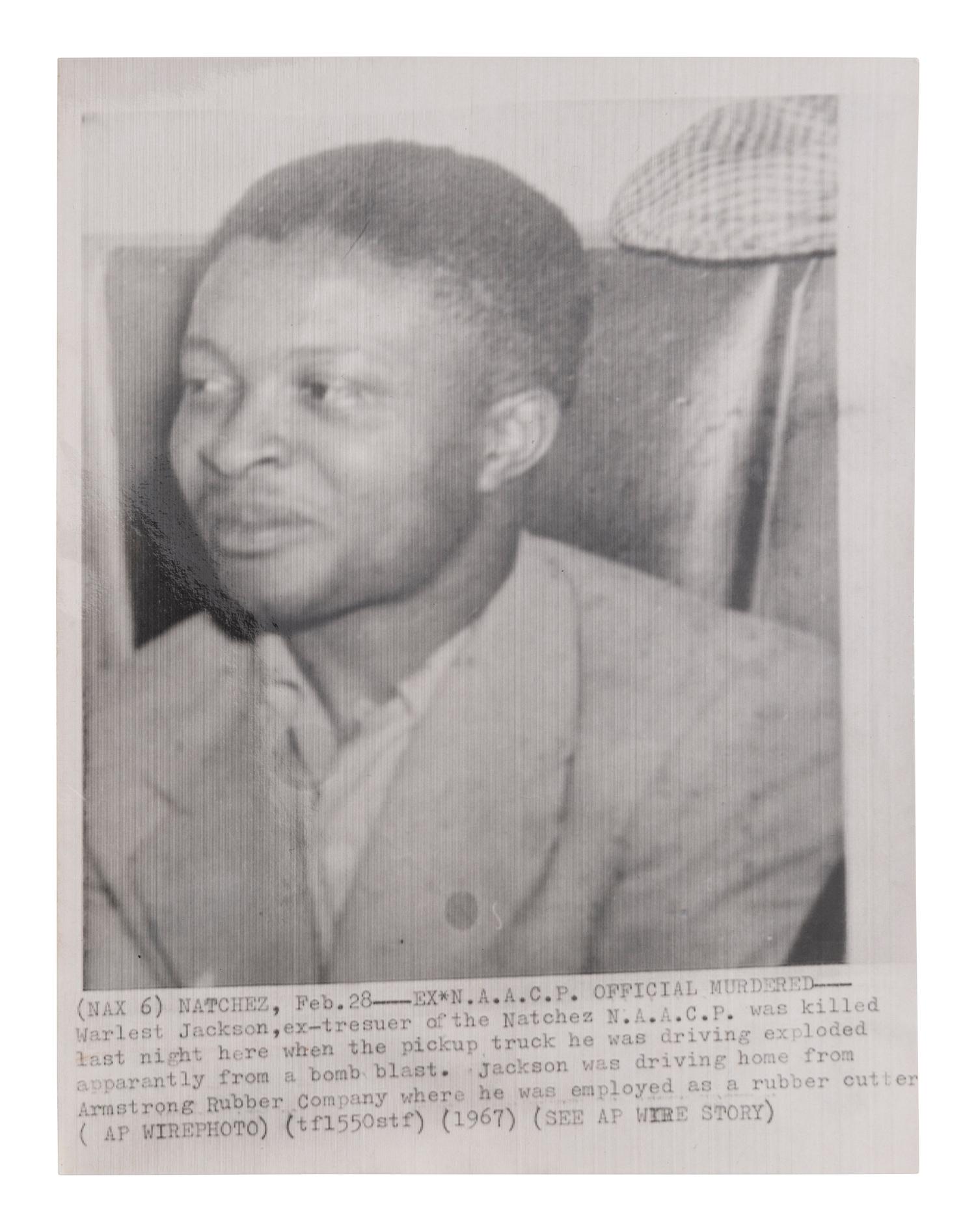 [CIVIL RIGHTS]. 1967 wire photo of Warlest Jackson, Natchez NAACP treasurer murdered by a car bomb.