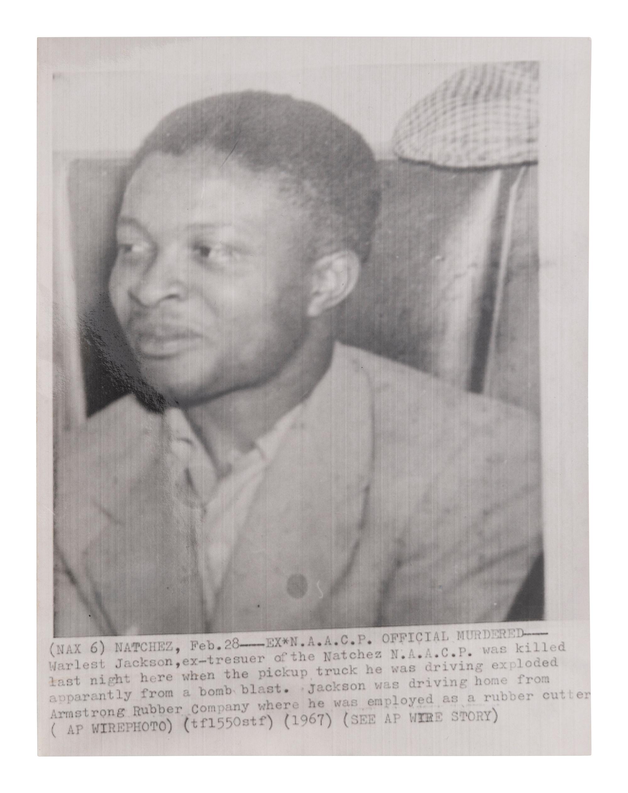 [CIVIL RIGHTS]. 1967 wire photo of Warlest Jackson, Natchez NAACP treasurer murdered by a car bomb.