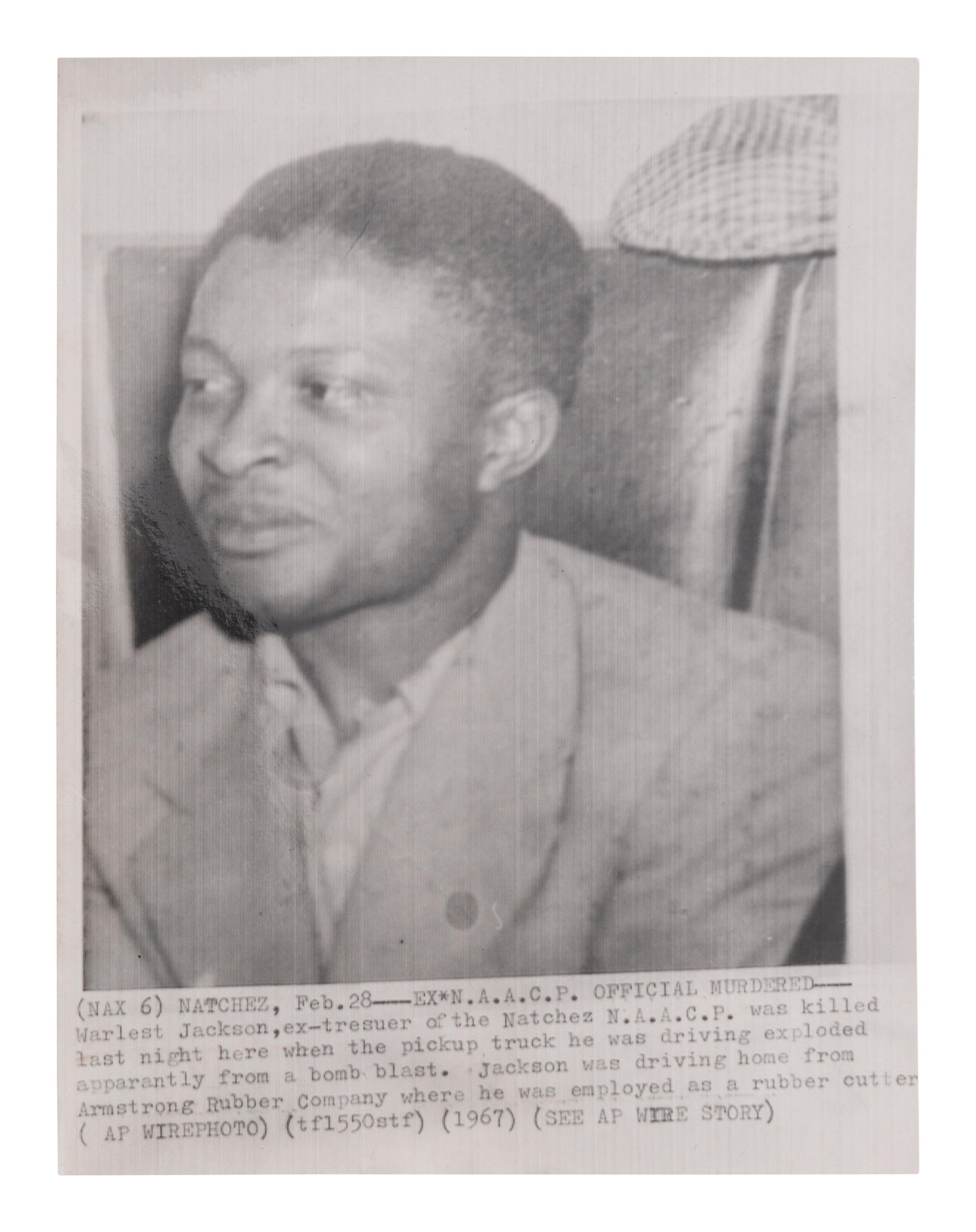 [CIVIL RIGHTS]. 1967 wire photo of Warlest Jackson, Natchez NAACP treasurer murdered by a car bomb.