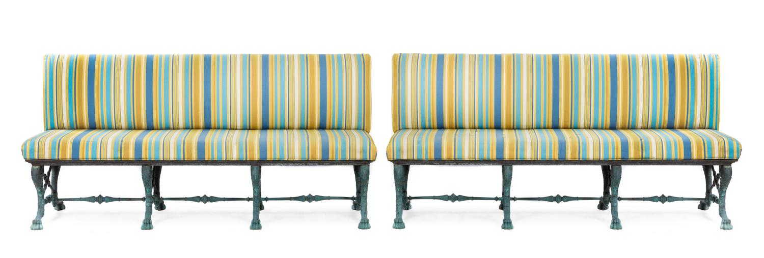 A Pair of Neoclassical Patinated Bronze Garden Benches Height 37 x width 77 x depth 23 inches.