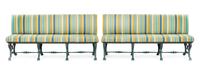 A Pair of Neoclassical Patinated Bronze Garden Benches Height 37 x width 77 x depth 23 inches.