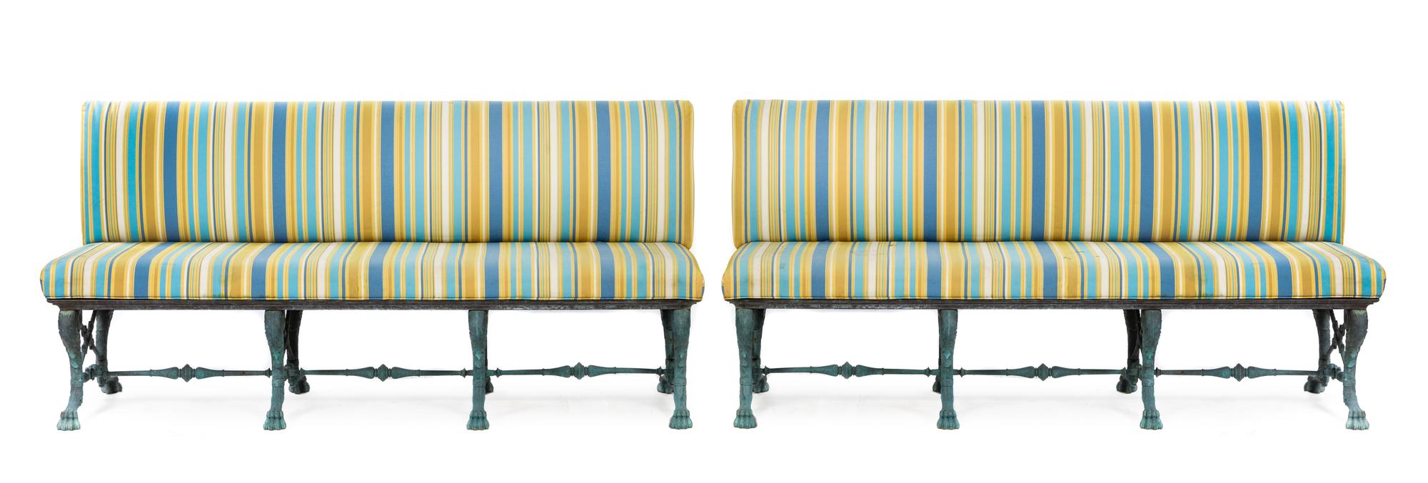 A Pair of Neoclassical Patinated Bronze Garden Benches Height 37 x width 77 x depth 23 inches.