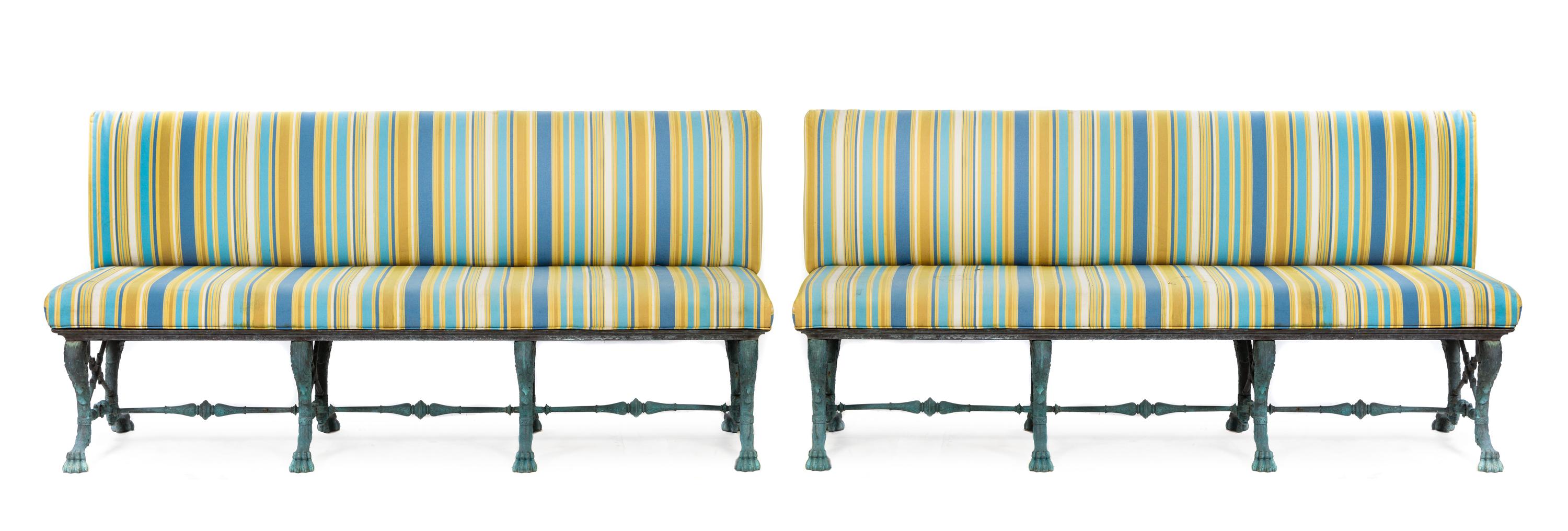 A Pair of Neoclassical Patinated Bronze Garden Benches Height 37 x width 77 x depth 23 inches.