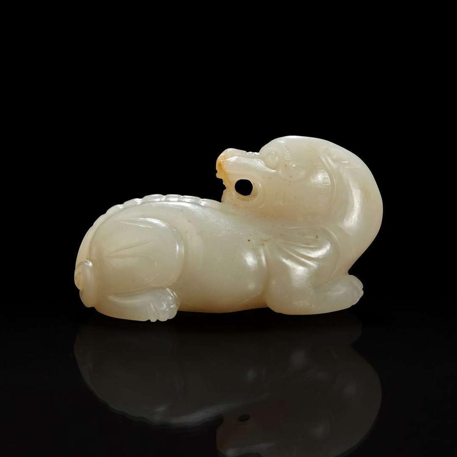 A Small Chinese carved grayish white jade figure of mythical beast 白玉小瑞兽 Qing Dynasty ?