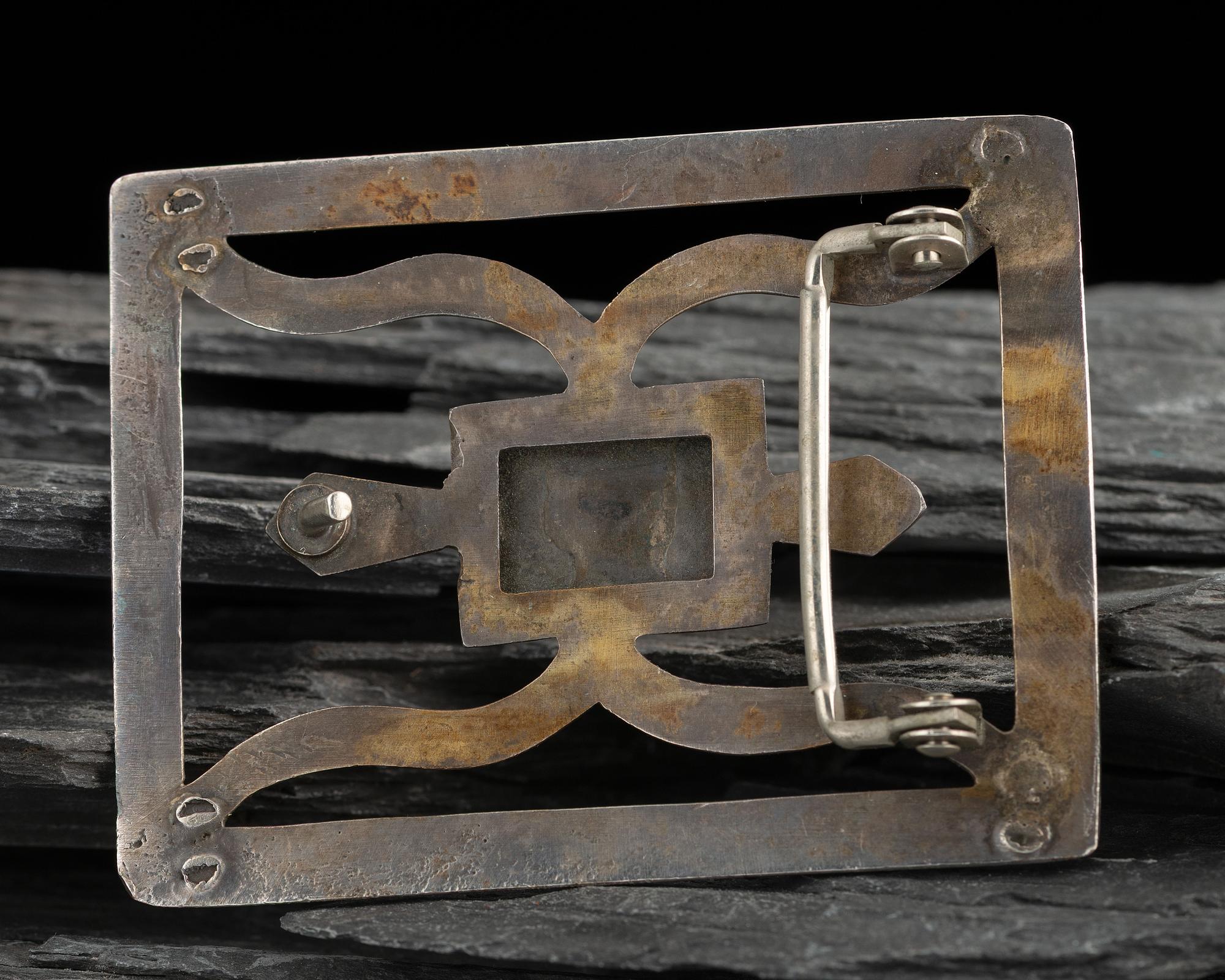Navajo Sandcast Silver and Turquoise Belt Buckle