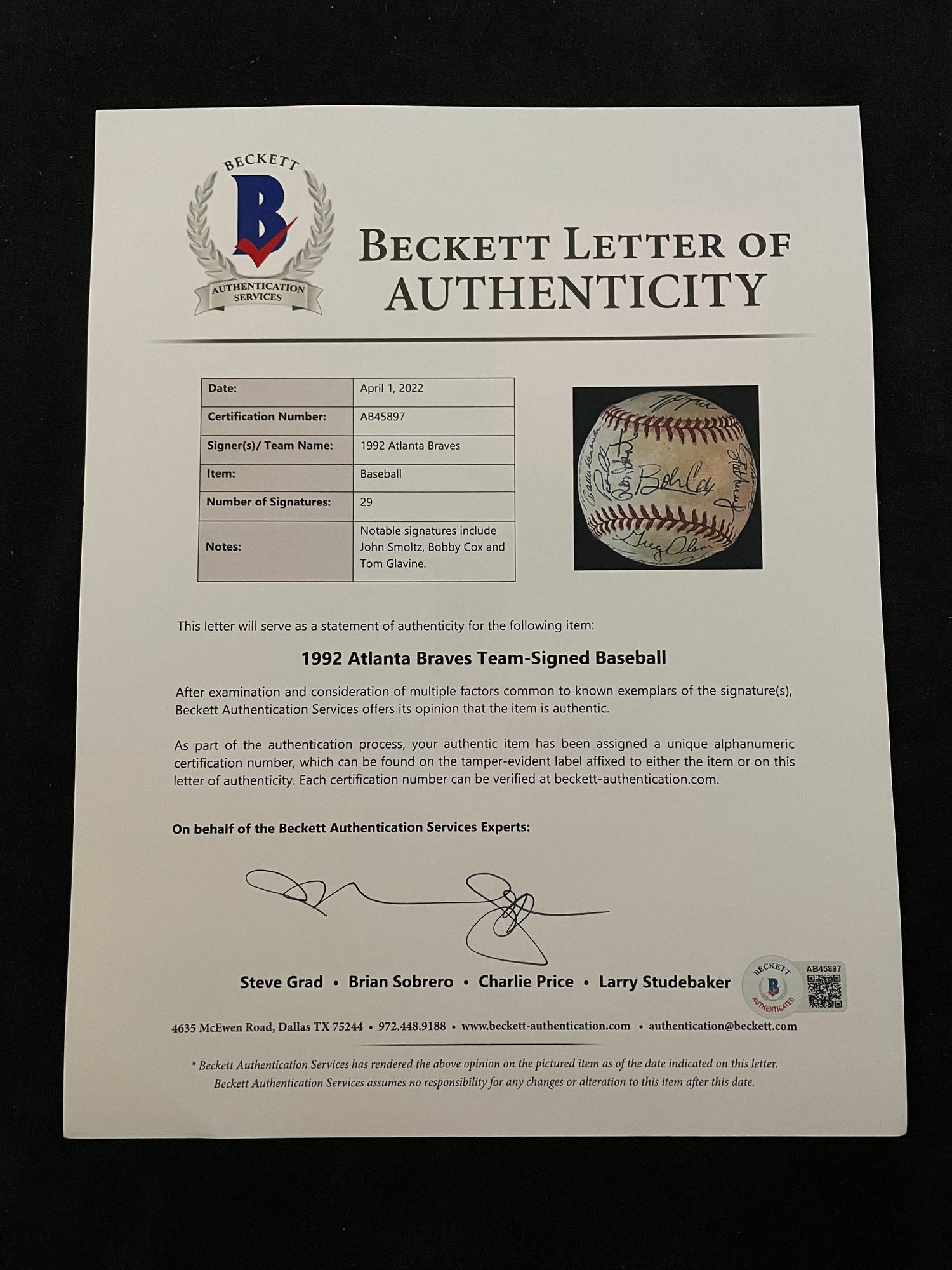 A 1992 Atlanta Braves National League Champion Team Signed Autograph Baseball With 29 Signatures (Beckett Authentication Services Letter BAS Certified),