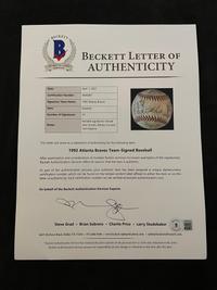 A 1992 Atlanta Braves National League Champion Team Signed Autograph Baseball With 29 Signatures (Beckett Authentication Services Letter BAS Certified),