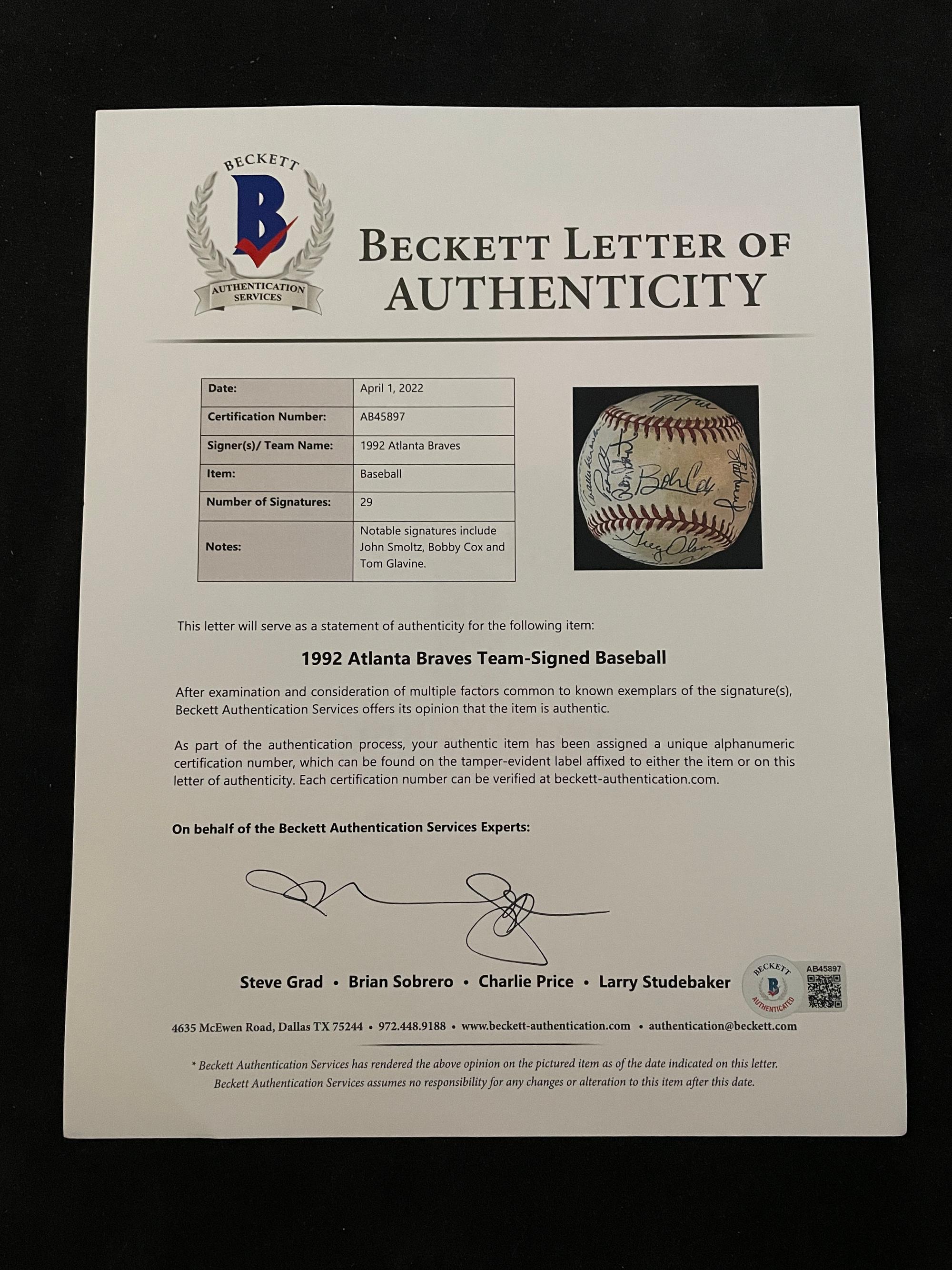 A 1992 Atlanta Braves National League Champion Team Signed Autograph Baseball With 29 Signatures (Beckett Authentication Services Letter BAS Certified),