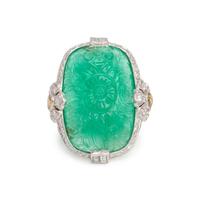 CARVED EMERALD, DIAMOND AND COLORED DIAMOND RING