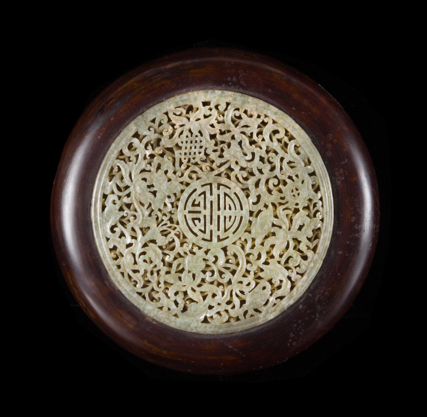 A Jade Inset Lacquered Hongmu Box and Cover Diameter 7 1/4 inches. — LATE QING DYNASTY