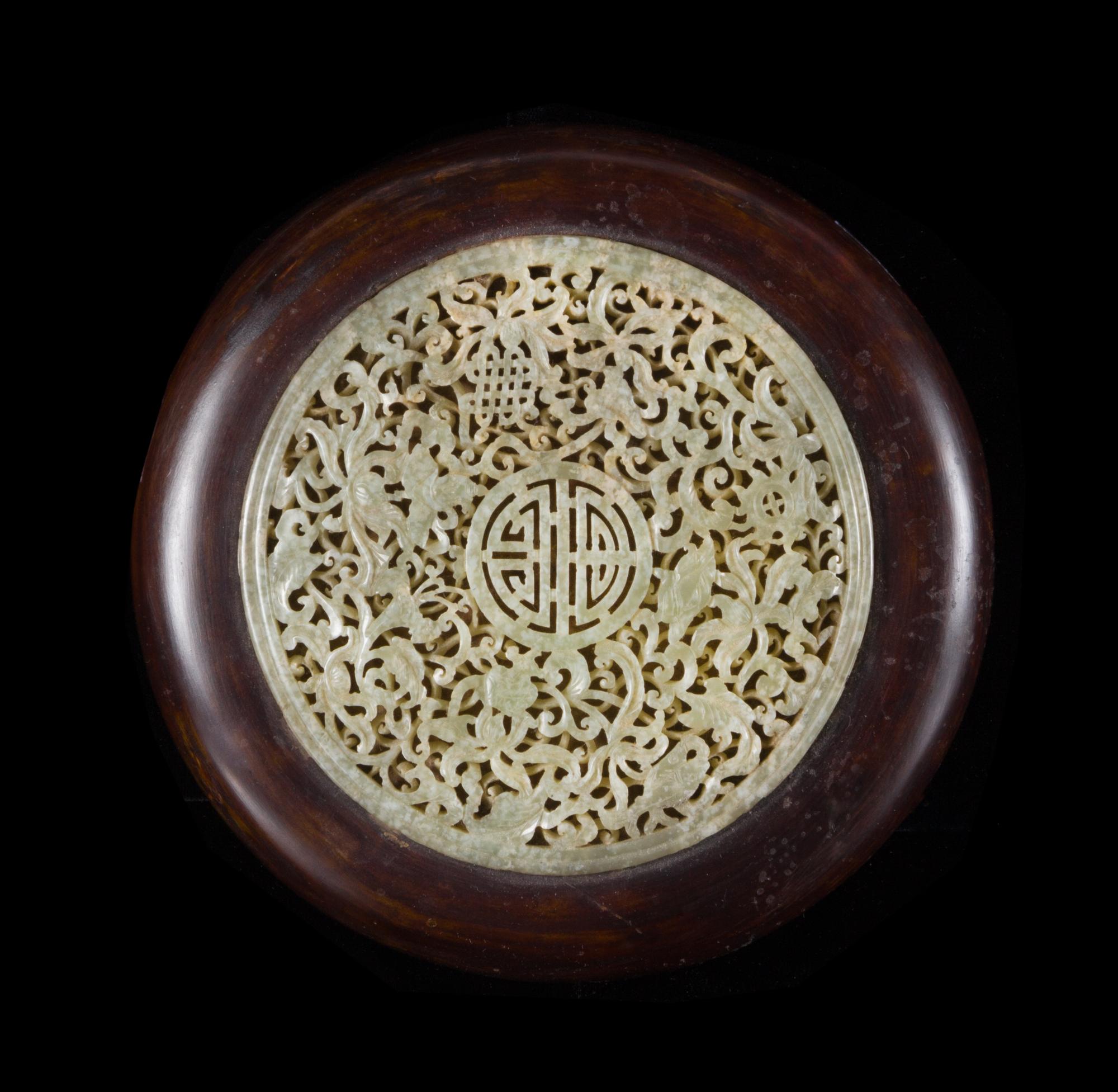 A Jade Inset Lacquered Hongmu Box and Cover Diameter 7 1/4 inches. — LATE QING DYNASTY