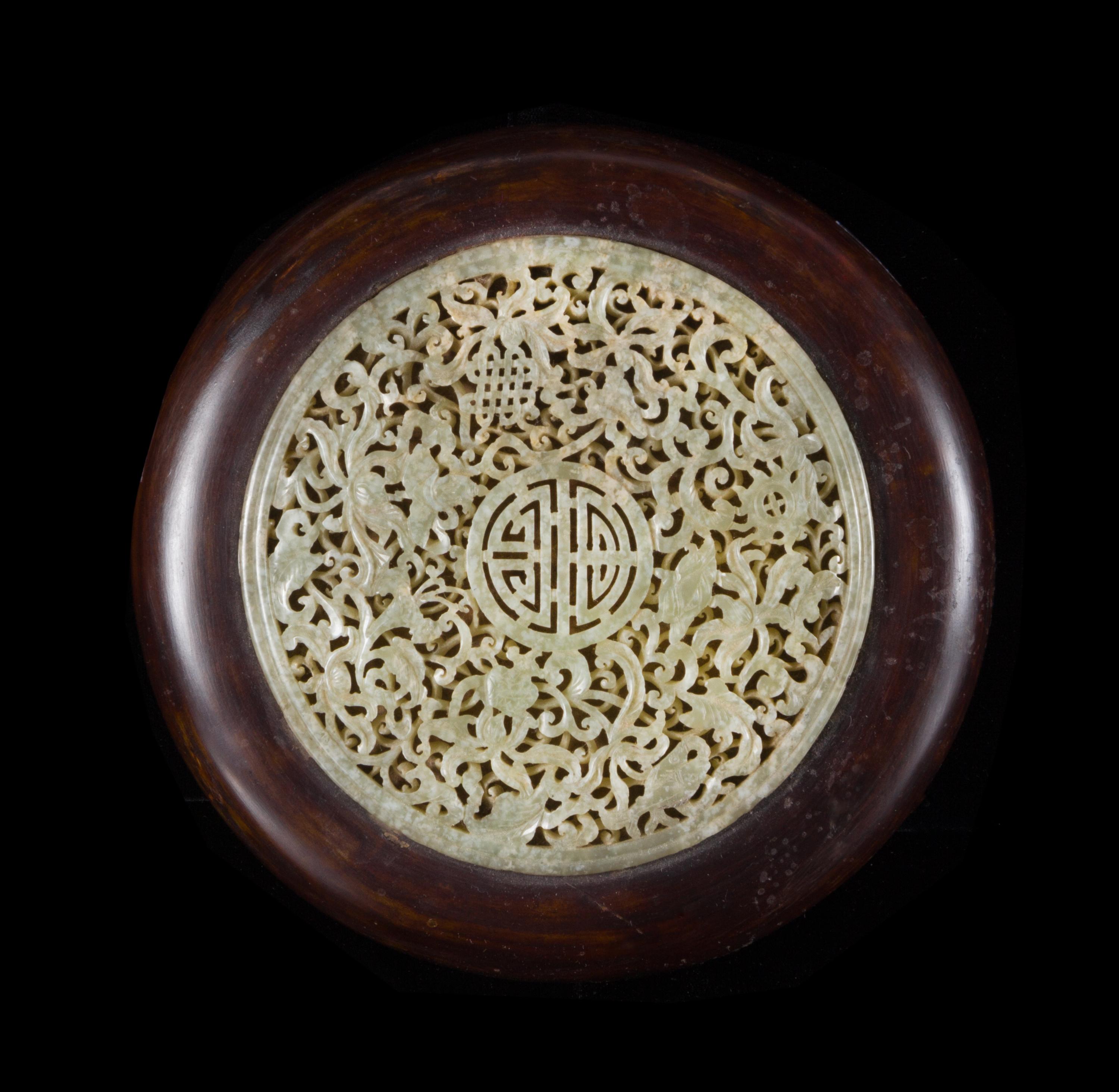 A Jade Inset Lacquered Hongmu Box and Cover Diameter 7 1/4 inches. — LATE QING DYNASTY