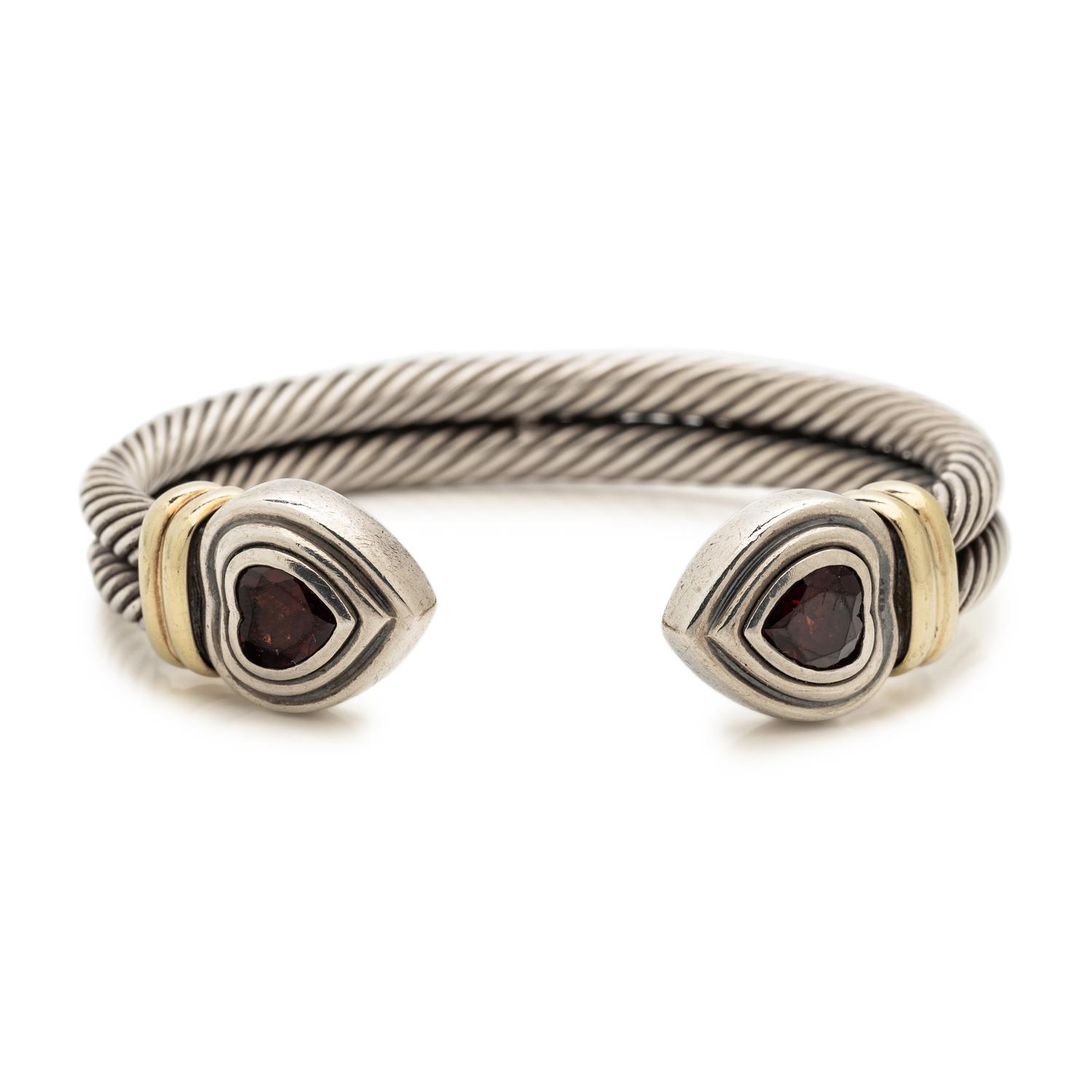 DAVID YURMAN, STERLING SILVER, YELLOW GOLD AND GARNET 'DOUBLE CABLE HEART' CUFF BRACELET
