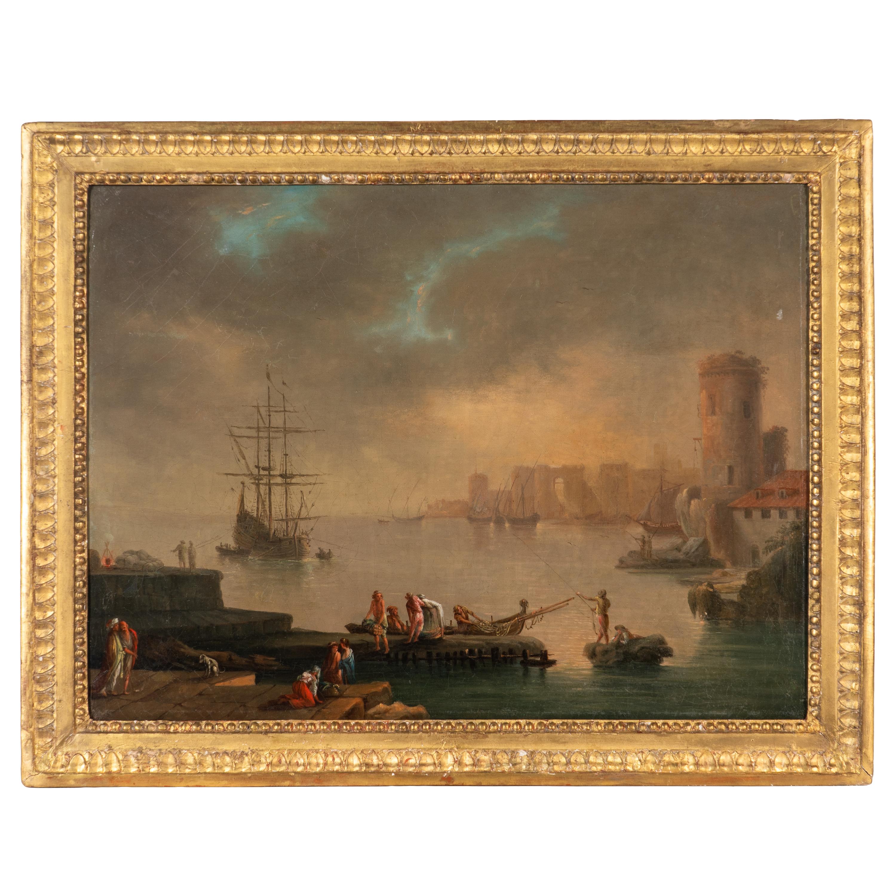 Circle of Charles François Lacroix (French, born c. 1700-1782) — Fishermen in a Bay by a Mediterranean Coast