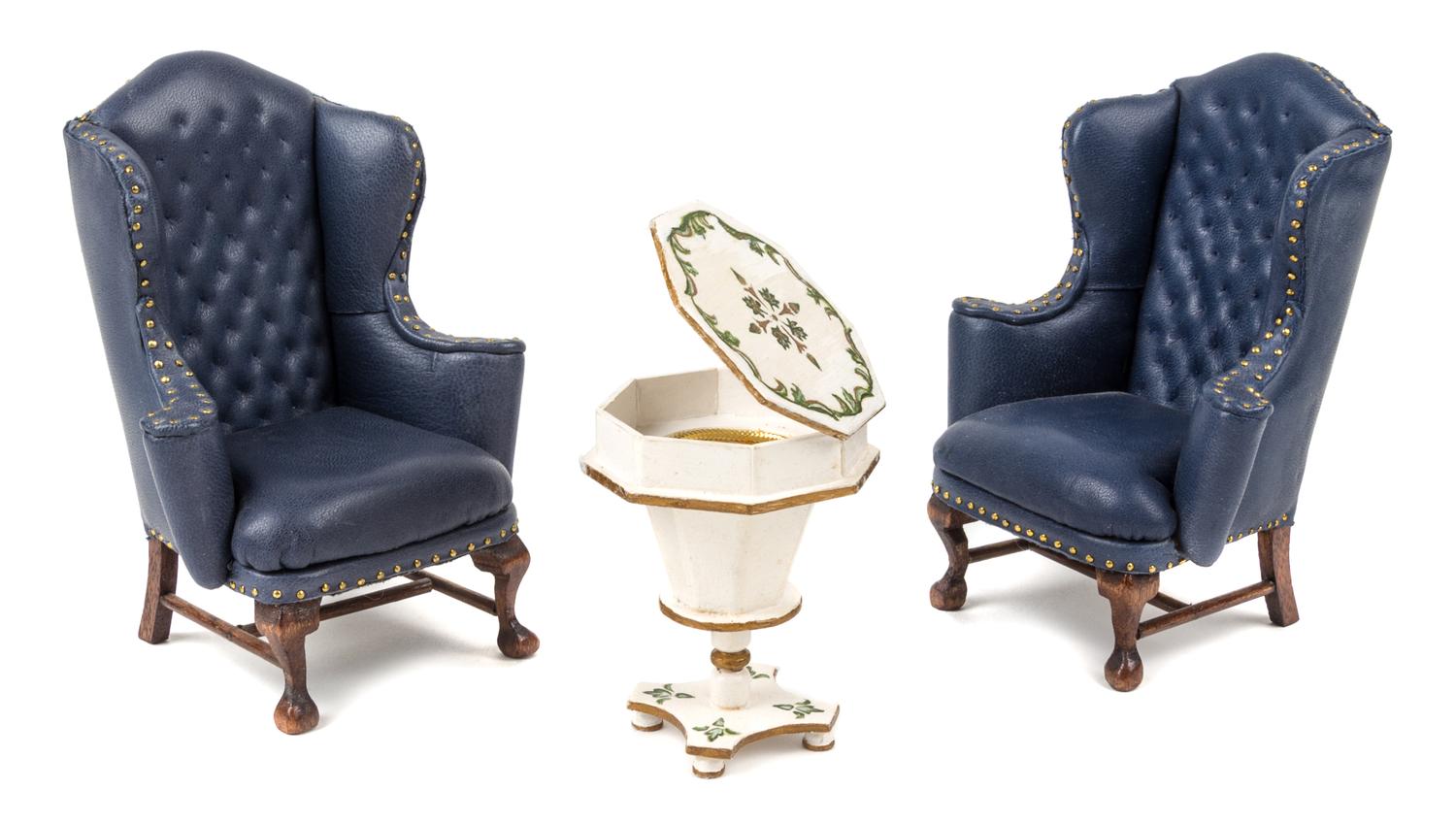 Two Tufted and Leather Upholstered Wingback Chairs Height of chair 4 1/2 x width 3 3/8 x depth 2 1/2 inches. — Joan Ince