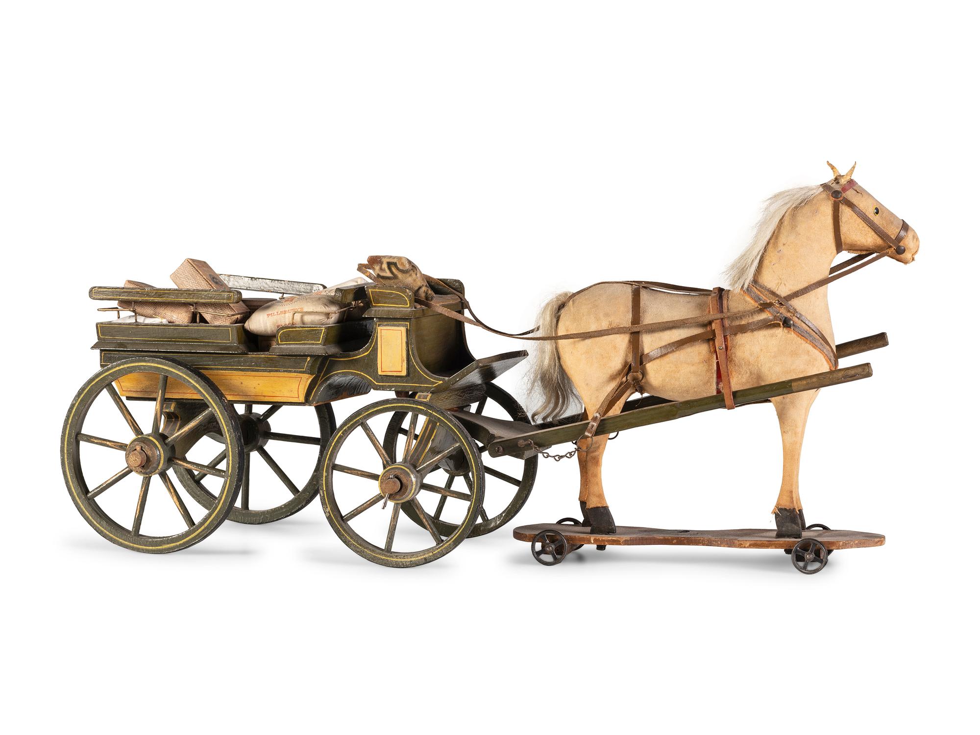 A Carved and Painted Wood Wagon with Stuffed Horse Pull Toy