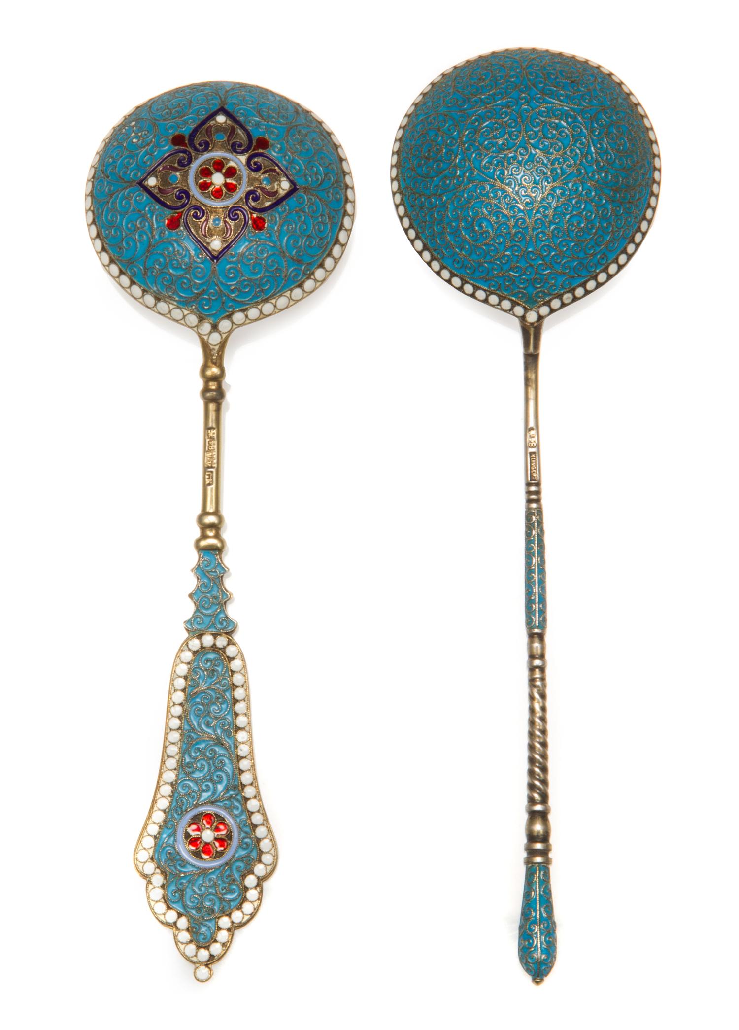 Two Russian Silver-Gilt and Enamel Spoons, Mark of Gustav Klingert, Moscow, late 19th/early20th century, each having a light blue ename