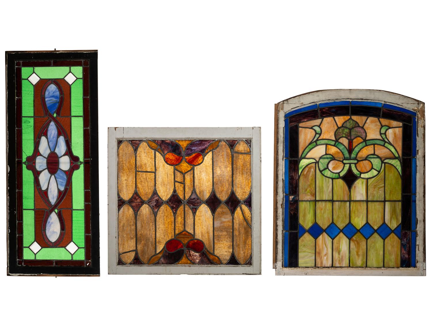Three American Stained Glass Window Panels