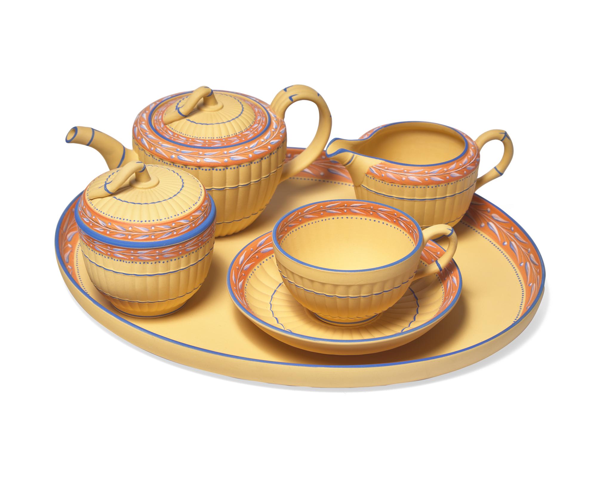 A Six Piece Wedgwood Yellow and Blue Jasperware Tea Service