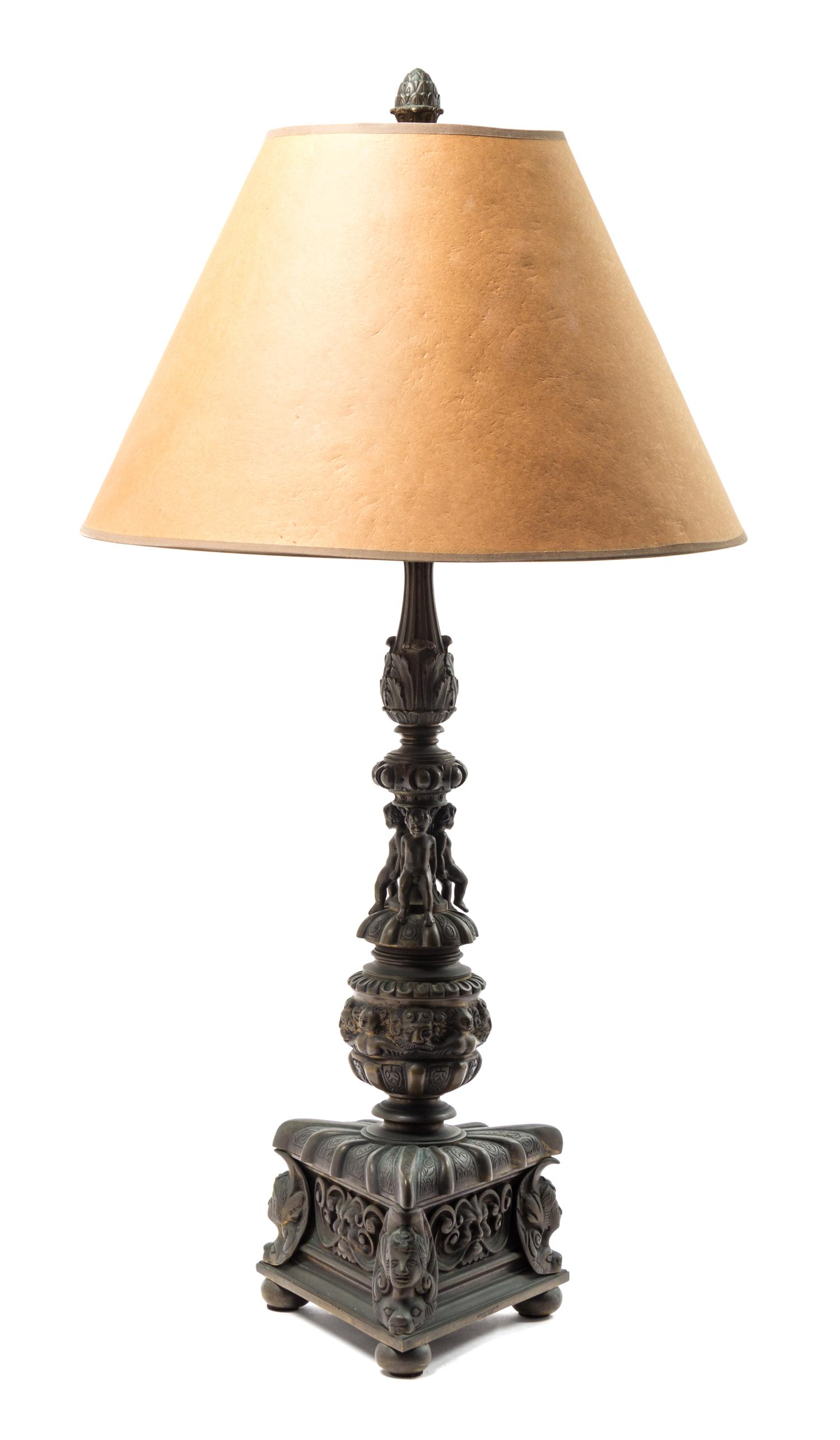 An Italian Patinated Bronze Lamp Height 35 inches.