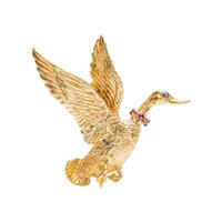YELLOW GOLD AND MULITGEM DUCK BROOCH