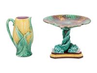 An English Majolica "Corn" Pitcher and an English Majolica "Dolphin" Tazza