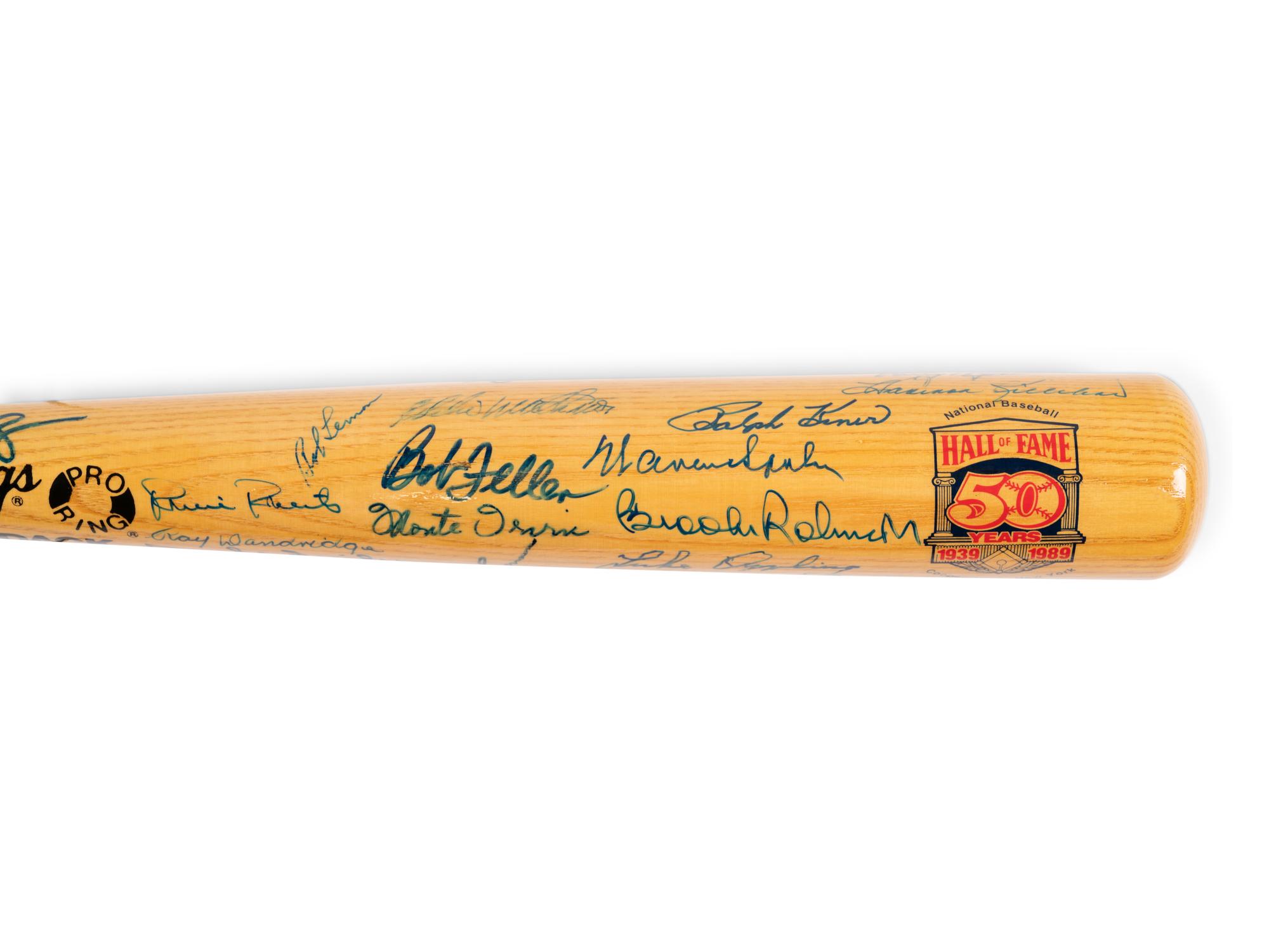 A National Baseball Hall of Fame 50th Anniversary Signed Autograph Bat (23 Signatures, Beckett Authentication Services Letter BAS Certified)