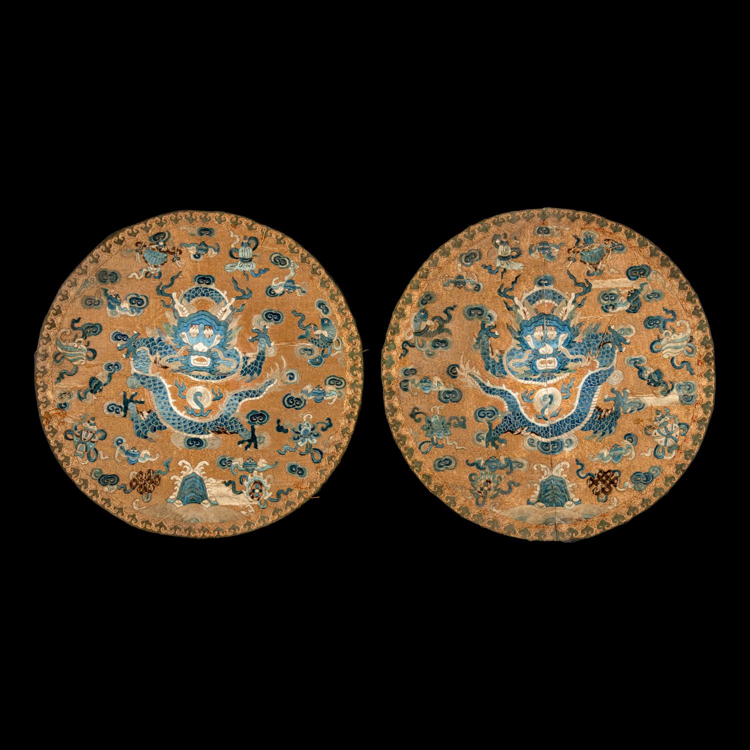 Three Chinese Silk 'Dragon' Panels, 19th-Early 20th Century 晚清-民國 捻金地龍紋綉片一對及藍地龍紋 緙絲一幅