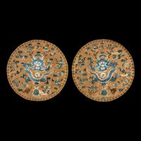 Three Chinese Silk 'Dragon' Panels, 19th-Early 20th Century 晚清-民國 捻金地龍紋綉片一對及藍地龍紋 緙絲一幅