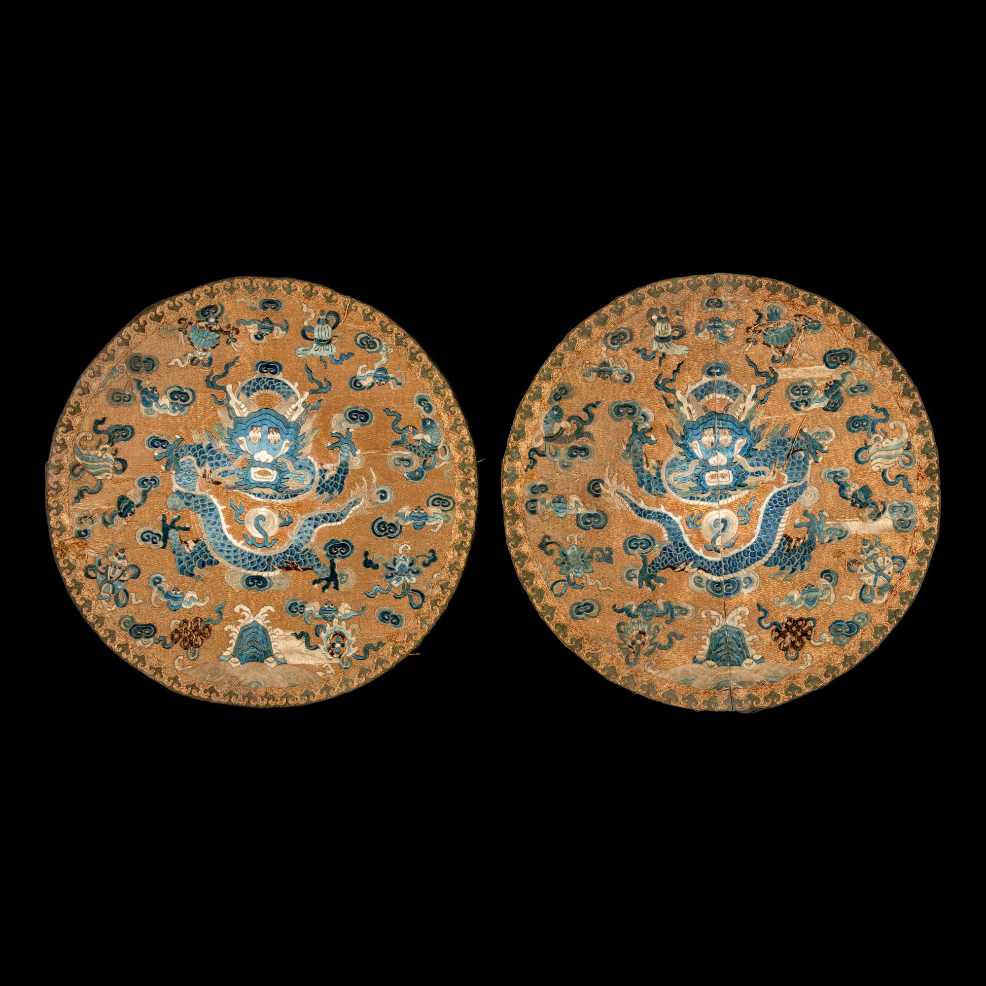 Three Chinese Silk 'Dragon' Panels, 19th-Early 20th Century 晚清-民國 捻金地龍紋綉片一對及藍地龍紋 緙絲一幅