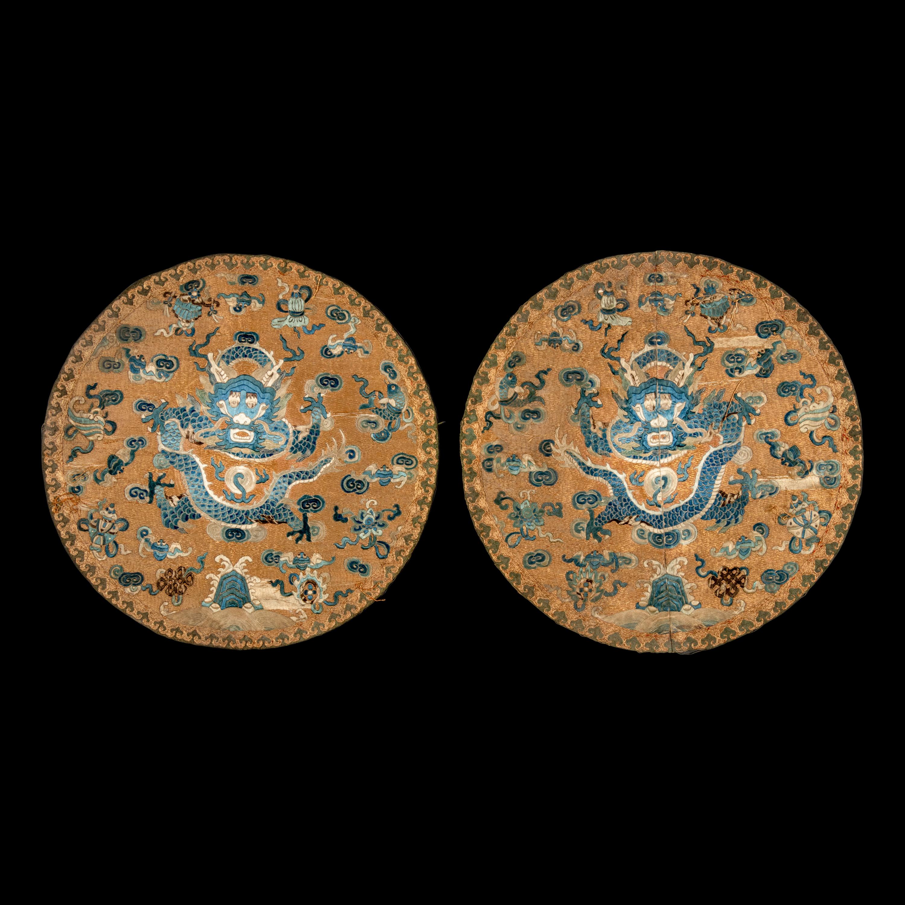 Three Chinese Silk 'Dragon' Panels, 19th-Early 20th Century 晚清-民國 捻金地龍紋綉片一對及藍地龍紋 緙絲一幅