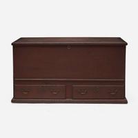 A red-painted blanket chest with Fraktur under lid Northampton County, PA, circa 1800