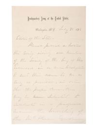 [CIVIL WAR]. SHERMAN, W.T. (1820-1891). Autograph letter signed ("W.T. Sherman") as General of the US Army. Washington, DC, 21 July 1876.