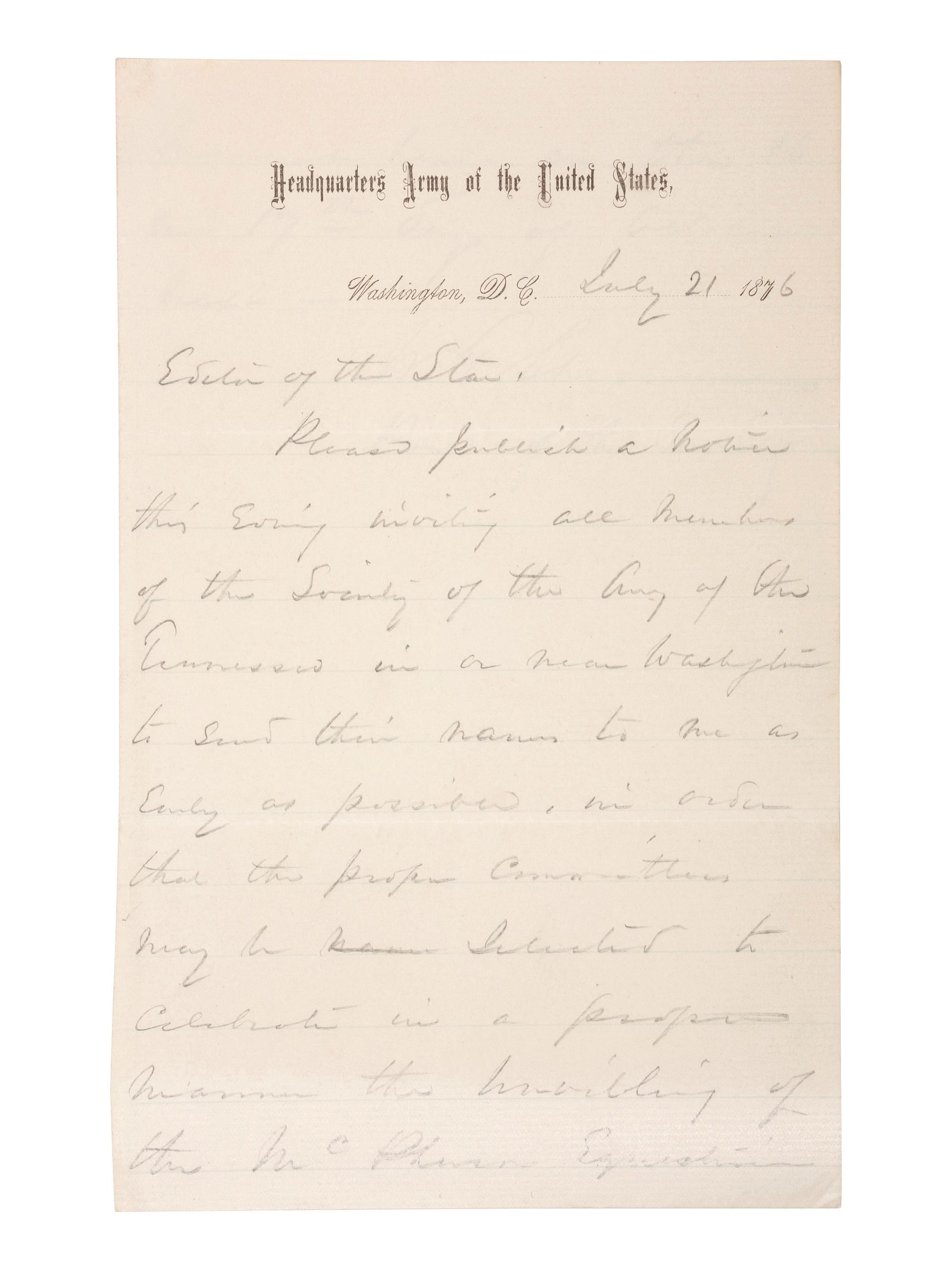 [CIVIL WAR]. SHERMAN, W.T. (1820-1891). Autograph letter signed ("W.T. Sherman") as General of the US Army. Washington, DC, 21 July 1876.
