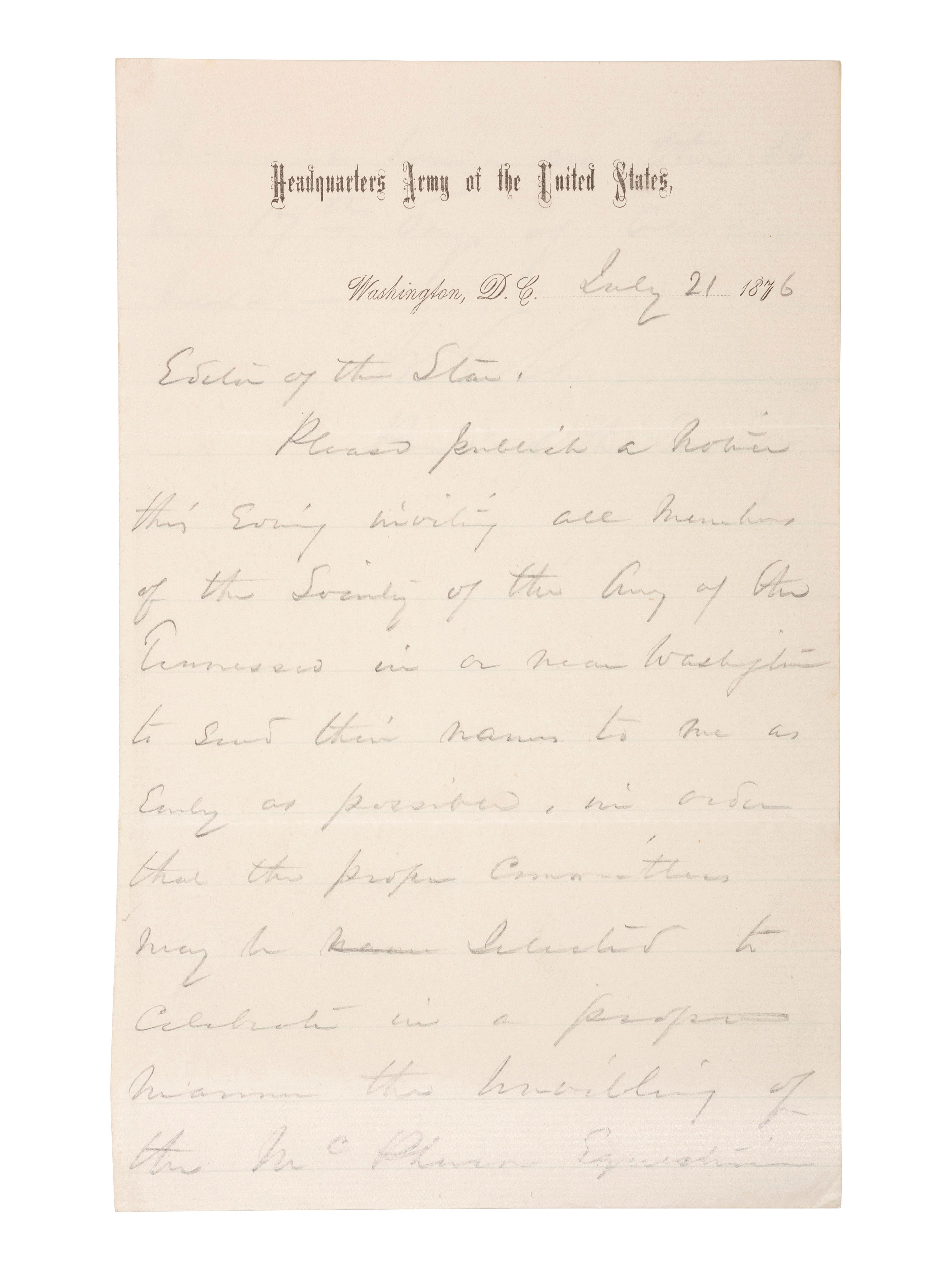 [CIVIL WAR]. SHERMAN, W.T. (1820-1891). Autograph letter signed ("W.T. Sherman") as General of the US Army. Washington, DC, 21 July 1876.
