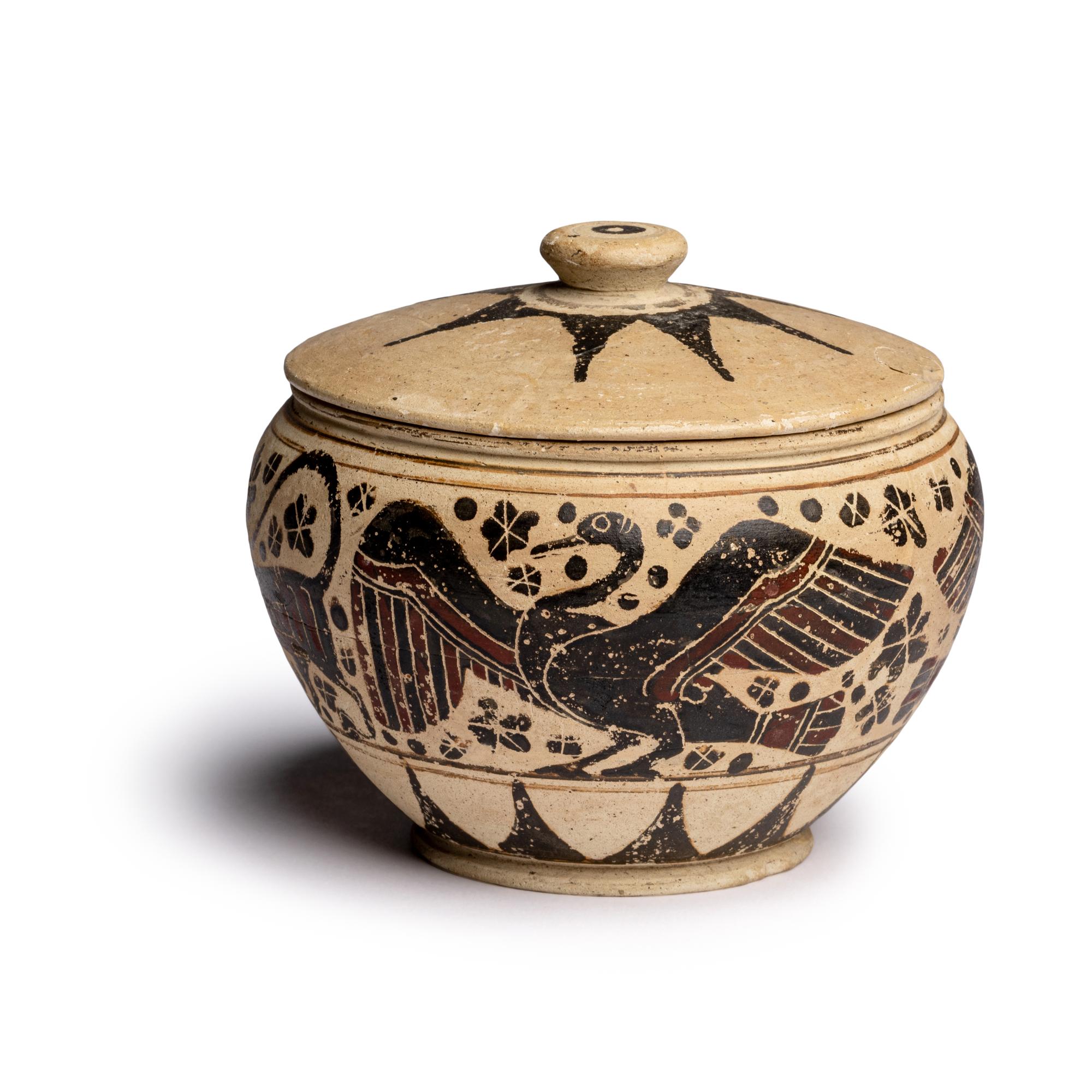 A Corinthian Pottery Lidded Pyxis with Animal Procession