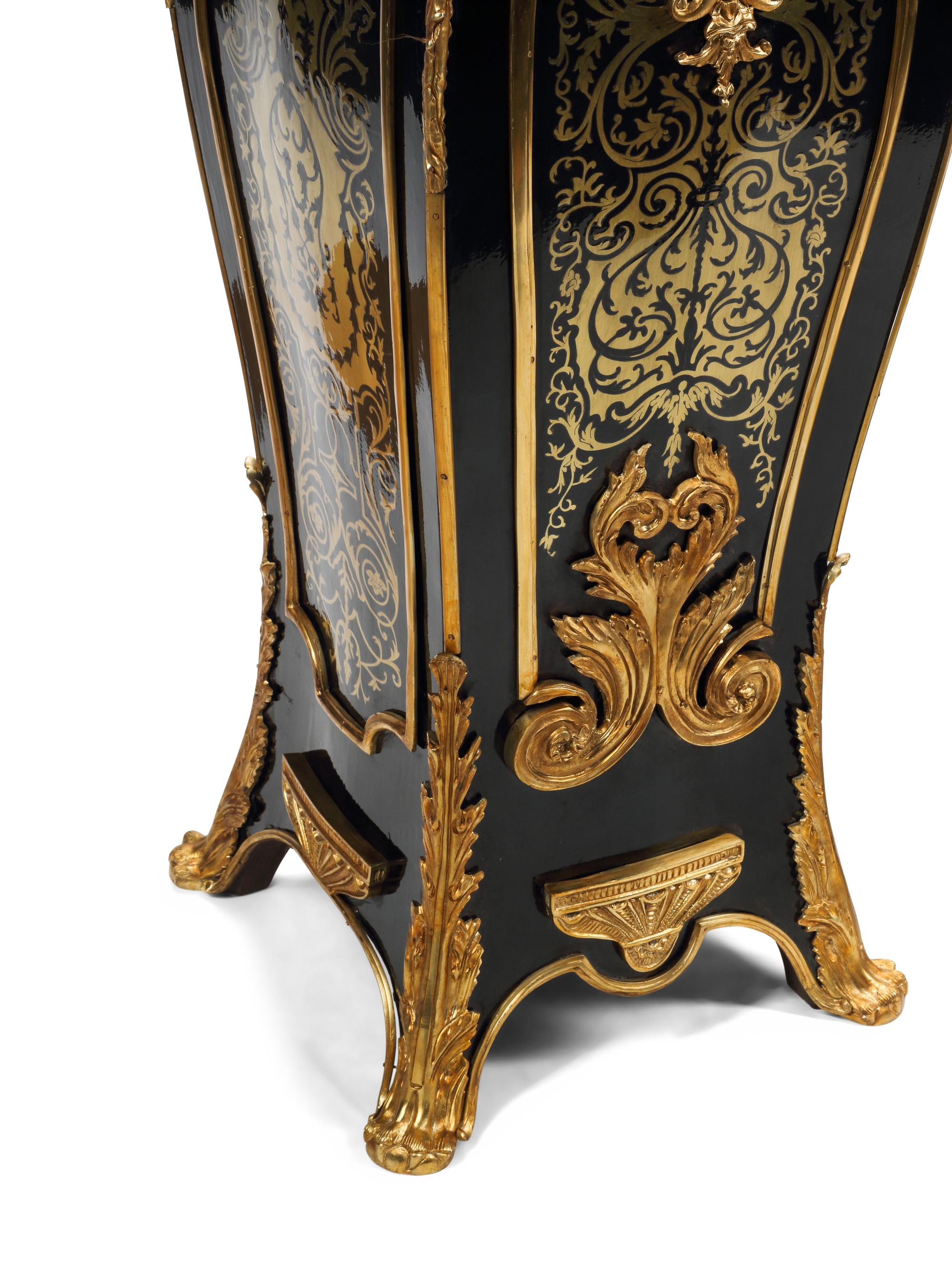 A Pair of Louis XV Style Gilt Bronze Mounted Boulle Marquetry Marble-Top Pedestals