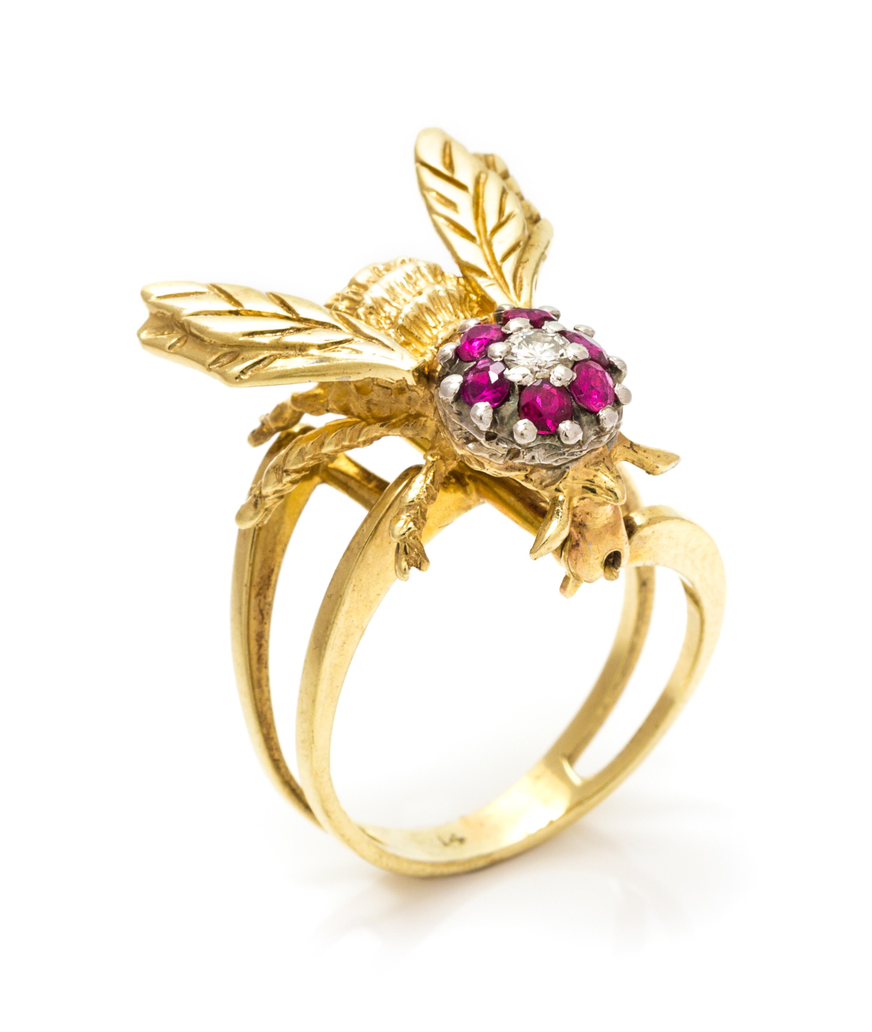 An 18 Karat Yellow Gold, Ruby and Diamond Brooch/Ring, 5.50 dwts.