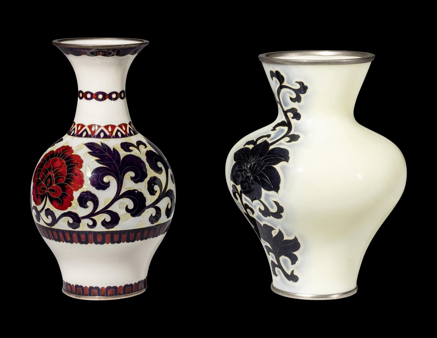 Two Japanese Pale Yellow Ground Cloisonné Enamel Vases
