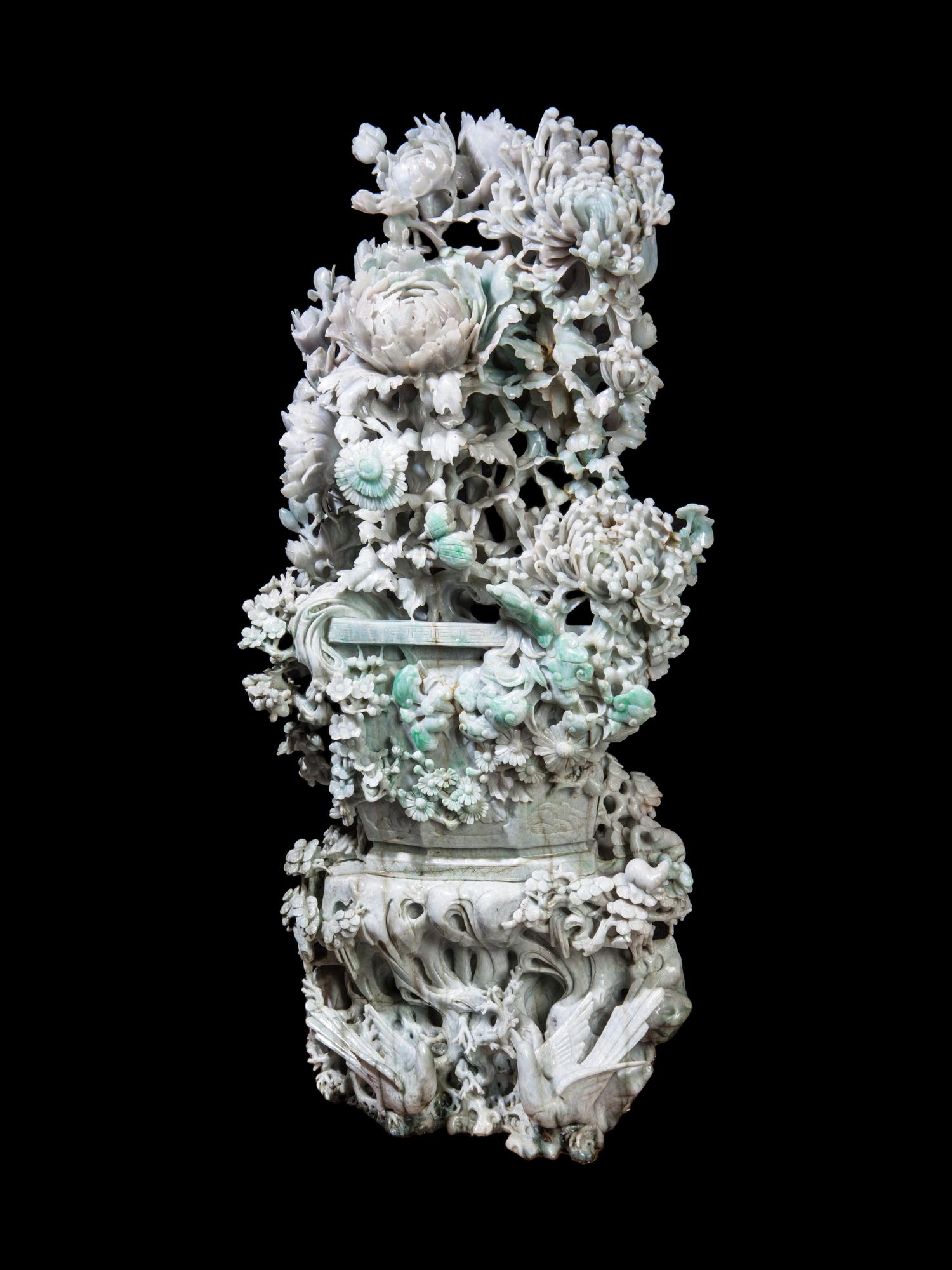 A Large Chinese Export Jadeite Carving of Chrysanthemums