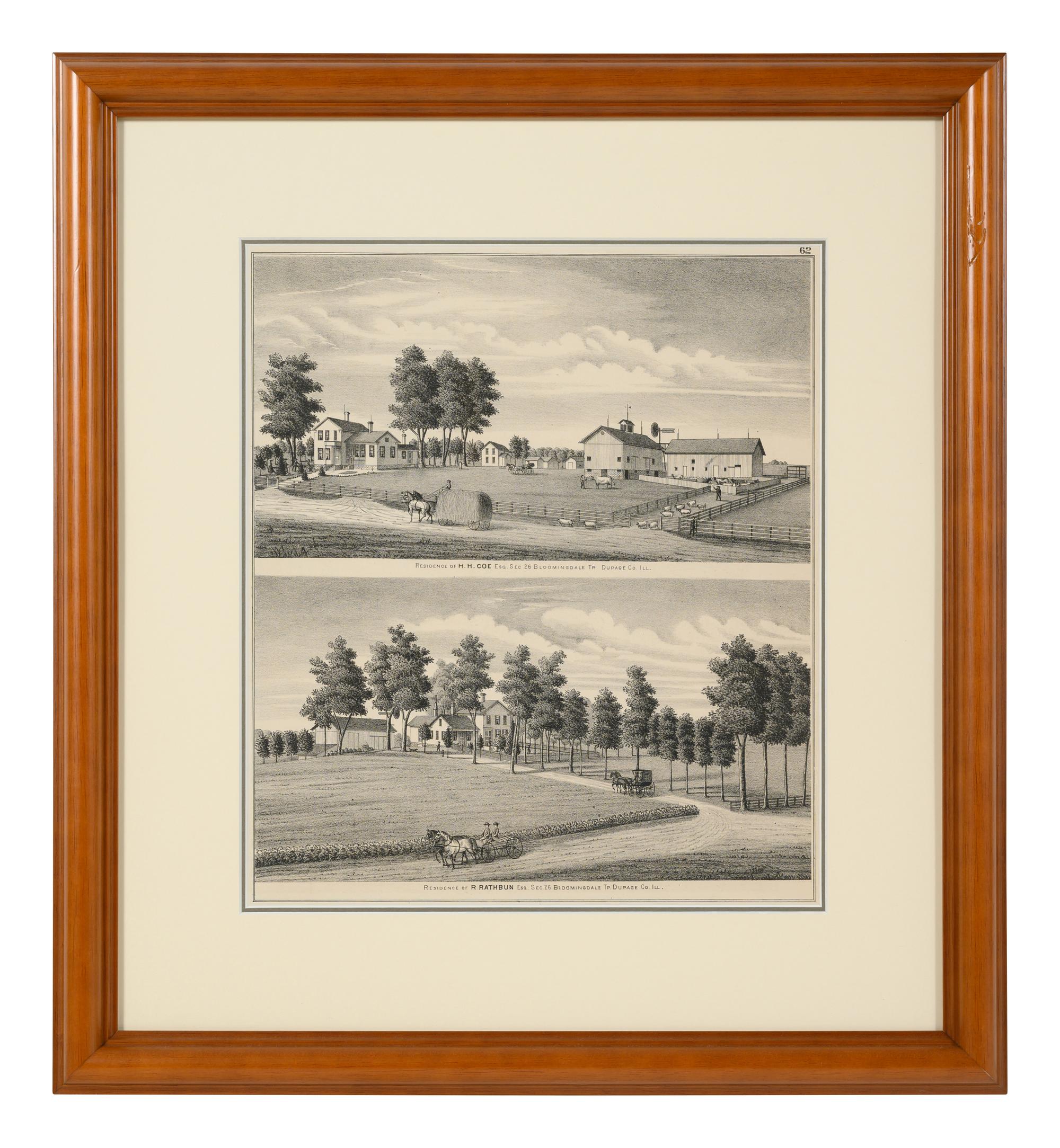 Printed City Views and Farm Scenes of Bloomingdale and Dupage County, Ill. N.p.: N.d. 23 x 21 In. Matted and framed.