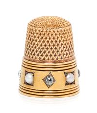 An American 18-Karat Yellow Gold, Diamond and Pearl Thimble, Possibly Tiffany & Co., New York, NY, the knurled top and body above the r