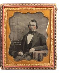 [EARLY PHOTOGRAPHY]. DUNSHEE, S., photographer. Sixth plate ambrotype of a gentleman posed before a painting of a British ship.