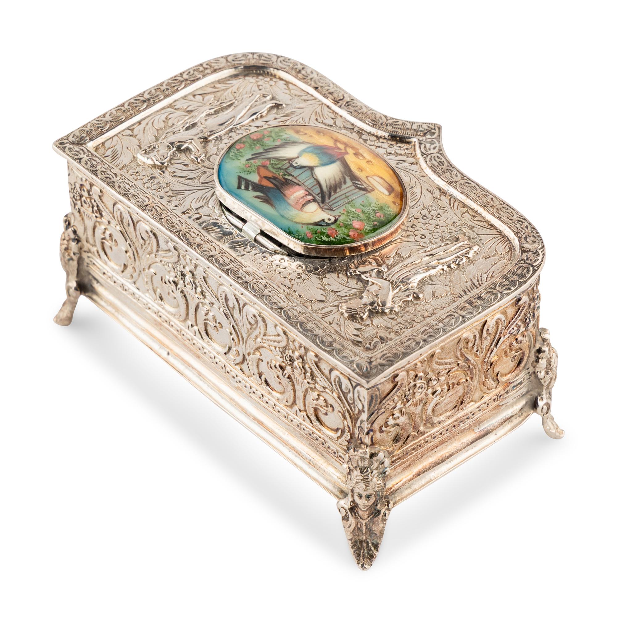 A German Silver and Enamel Singing Bird Automaton Box
