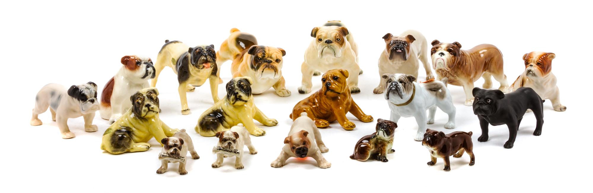 A Group of Eighteen Porcelain and Ceramic Bulldogs Width of widest 7 inches.